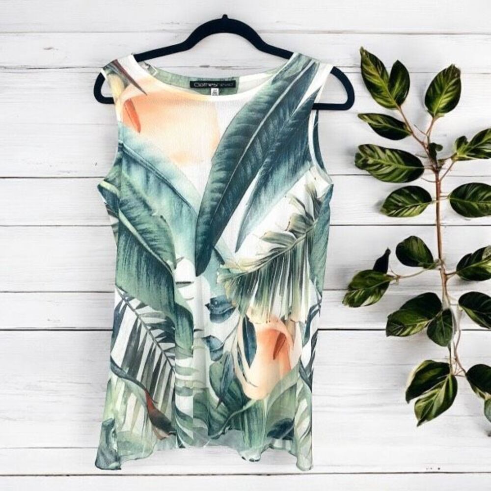 NWT Clotheshead Layered Mesh Sleeveless Tropical Floral Top Small White Green‎